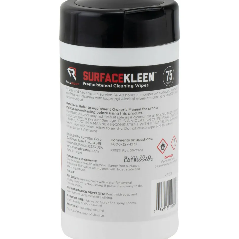 Read Right SurfaceKleen Premoistened Alcohol Cleaning Wipes, 6.38 x 5.4, Tub, Unscented, White, 75/Pack