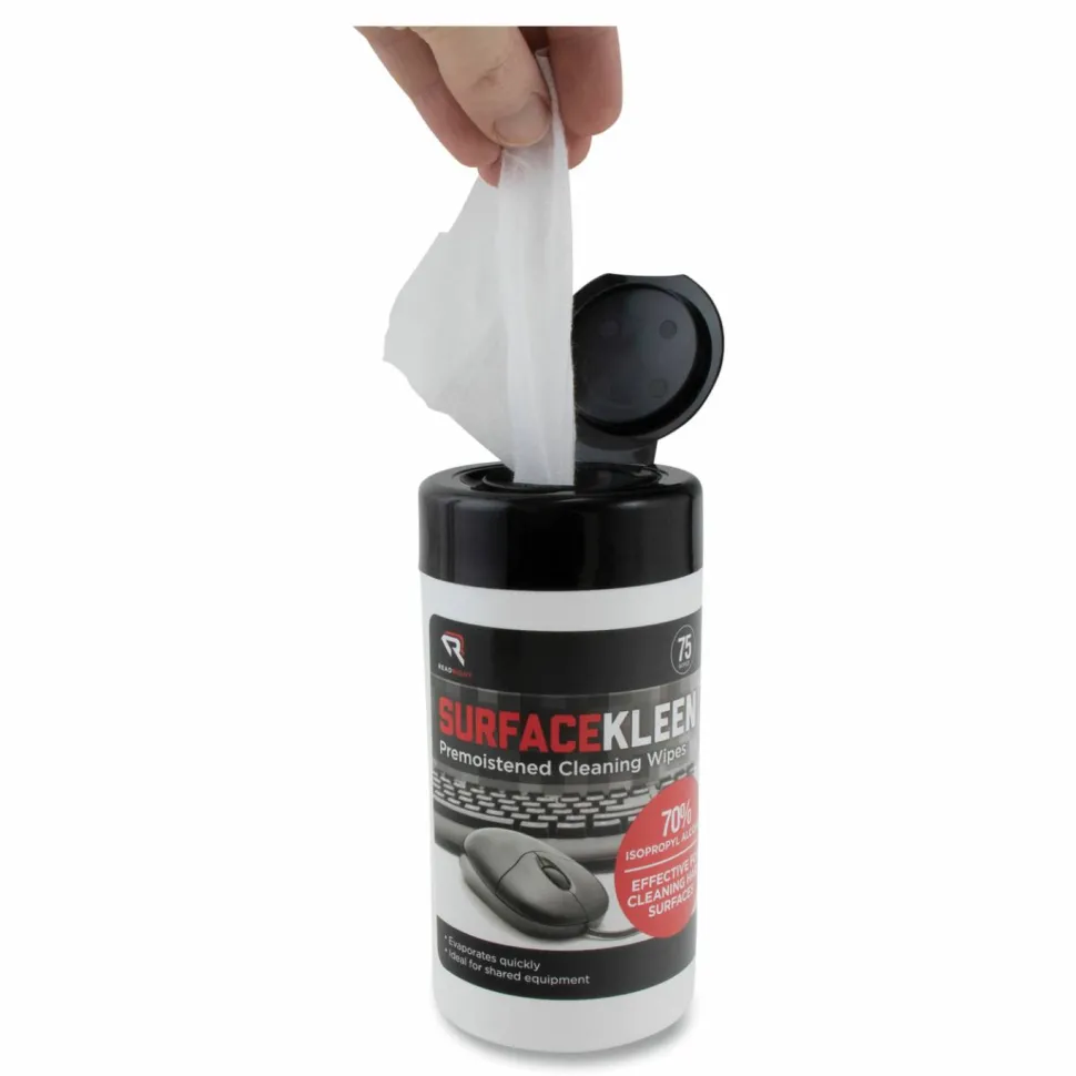 Read Right SurfaceKleen Premoistened Alcohol Cleaning Wipes, 6.38 x 5.4, Tub, Unscented, White, 75/Pack