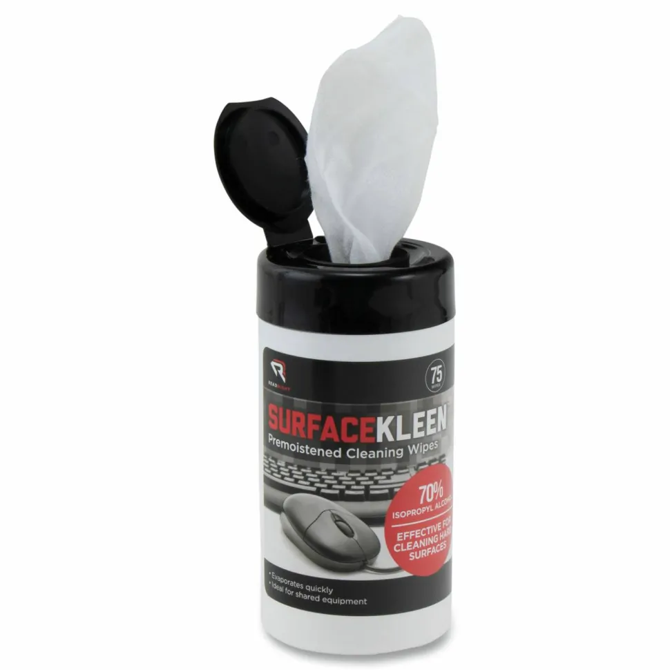 Read Right SurfaceKleen Premoistened Alcohol Cleaning Wipes, 6.38 x 5.4, Tub, Unscented, White, 75/Pack