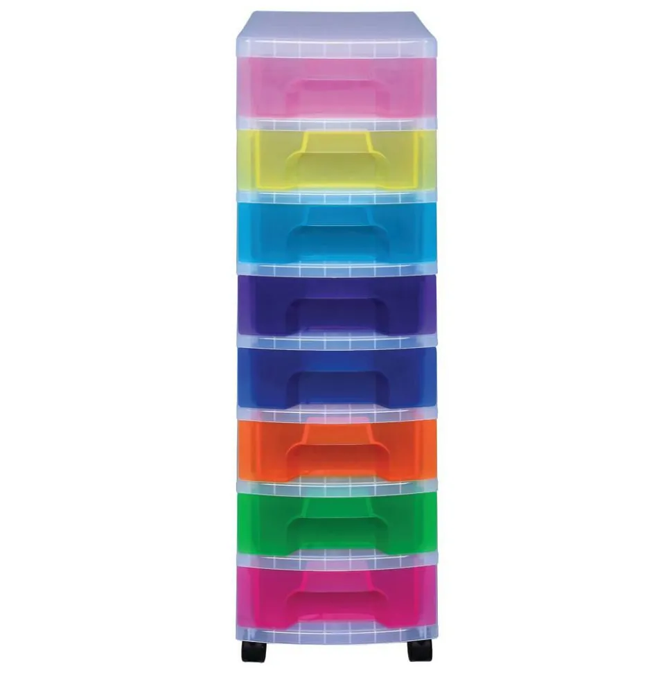 Really Useful Box Plastic 8-Drawer Storage Tower, 7 Liters, 36 1/2" x 15 3/4" x 12", Clear/Rainbow