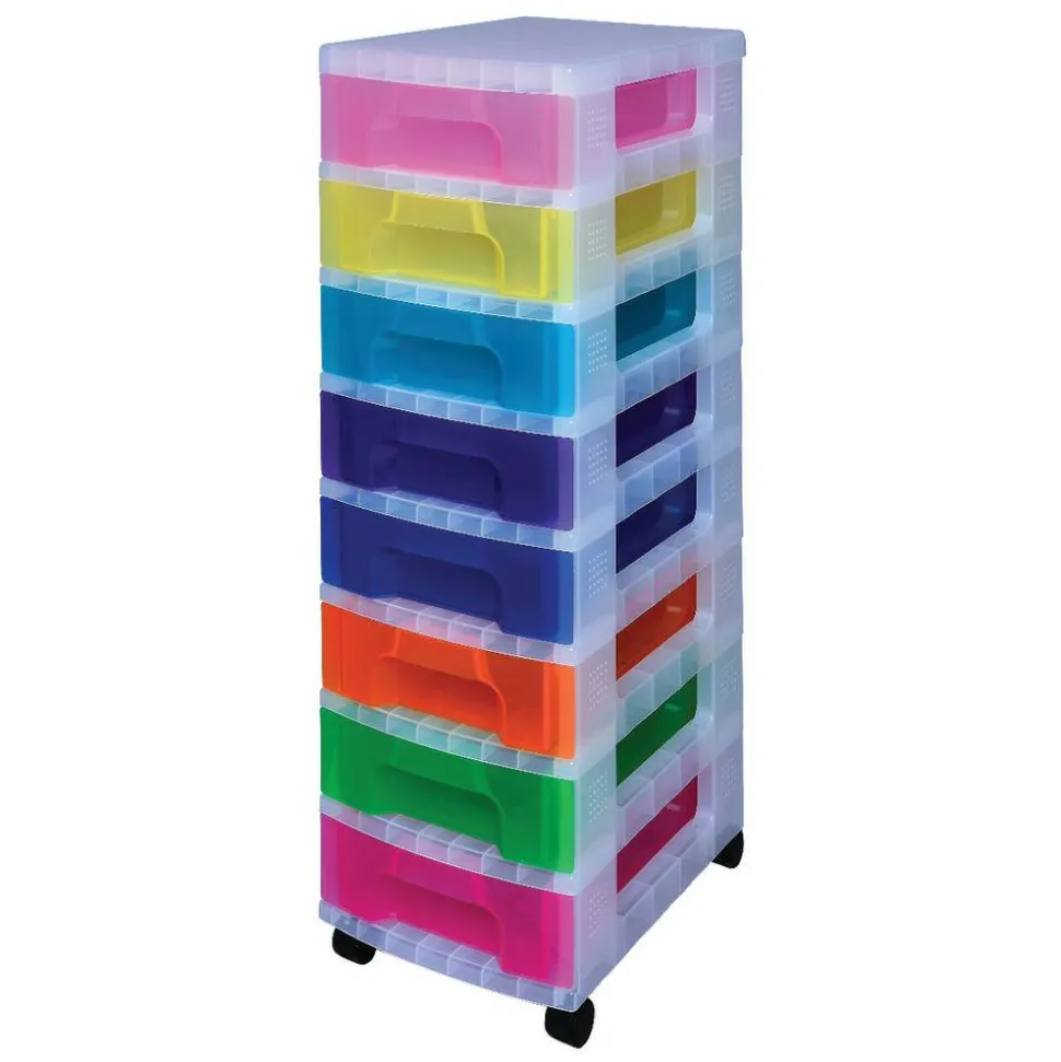 Really Useful Box Plastic 8-Drawer Storage Tower, 7 Liters, 36 1/2" x 15 3/4" x 12", Clear/Rainbow