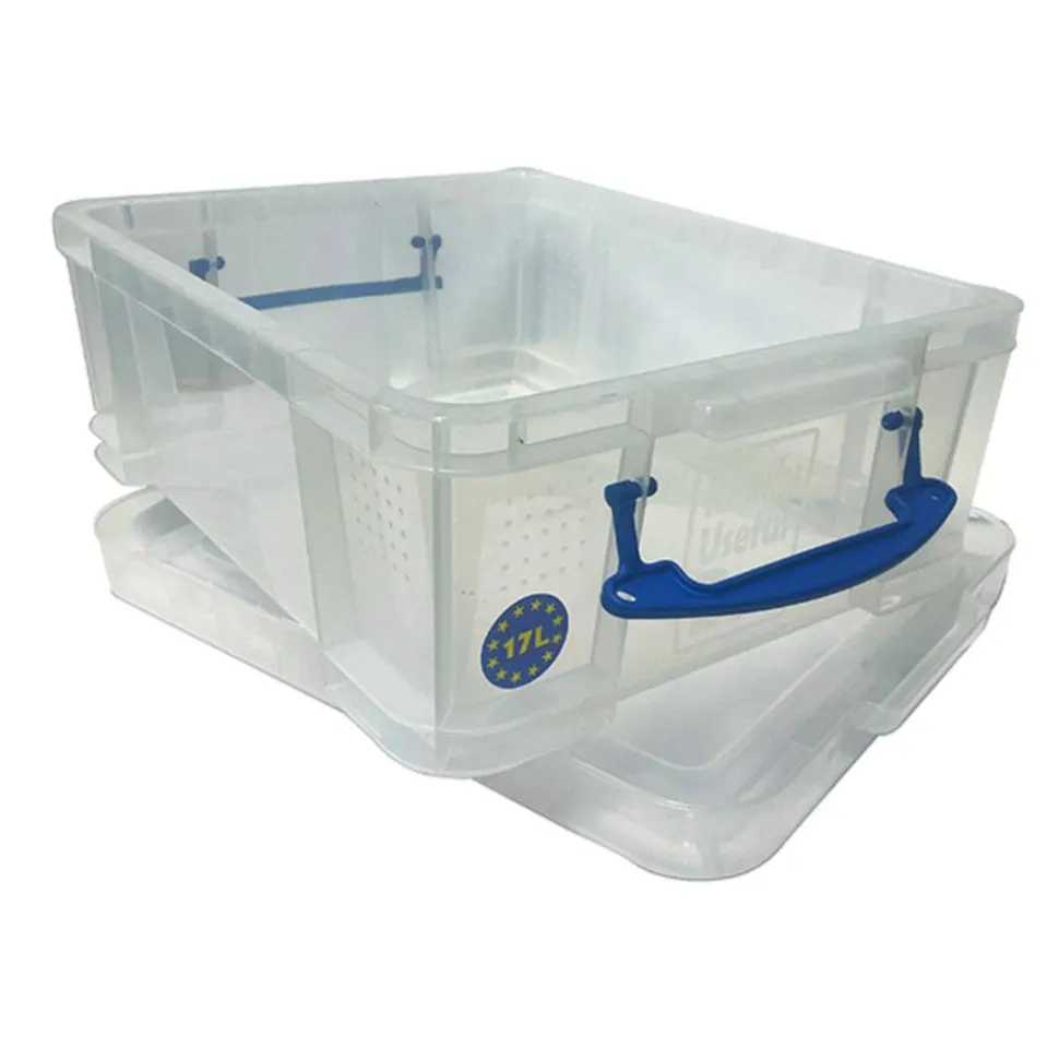 Really Useful Box Plastic Storage Container With Built-In Handles And Snap Lid, 17 Liters, 18 7/8" x 15 3/8" x 8", Clear