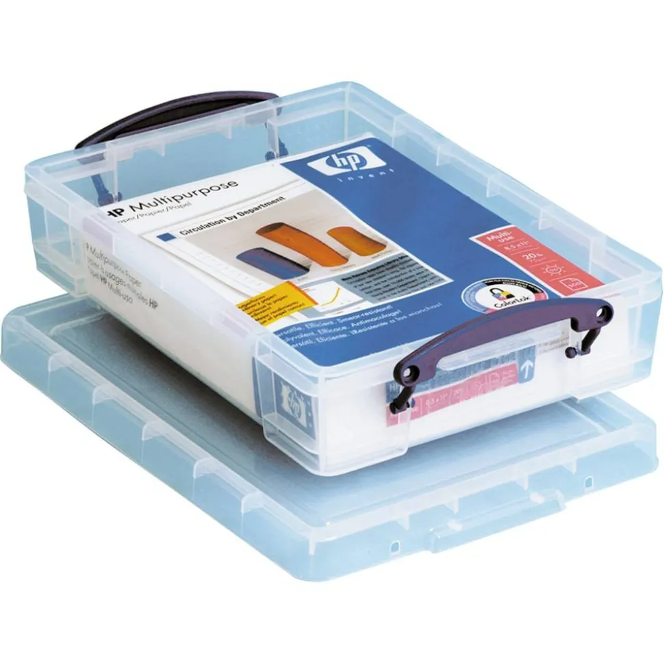 Really Useful Box Plastic Storage Container With Built-In Handles And Snap Lid, 4 Liters, 14 5/8" x 10 1/4" x 3 3/8", Clear