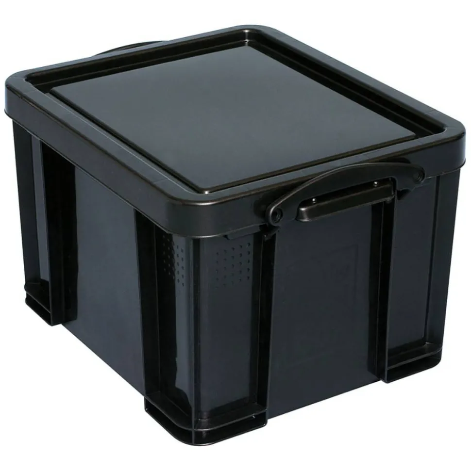 Really Useful Box Plastic Storage Container With Built-In Handles And Snap Lid, 32 Liters, 95% Recycled, 19" x 14" x 12", Black