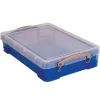 Really Useful Box Plastic Storage Container With Built-In Handles And Snap Lid, 4 Liters, 14 1/2" x 10 1/4" x 3 1/4", Transparent Blue