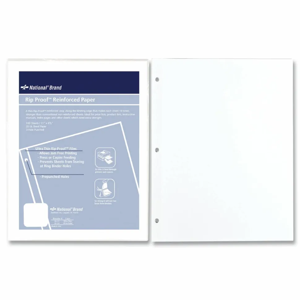 Rediform Heavyweight Reinforced Filler Paper - Letter - 100 Sheets - Plain - 20 lb Basis Weight - 8 1/2" x 11" - White Paper - Heavyweight, Reinforced Edges, Punched - 100 / Pack