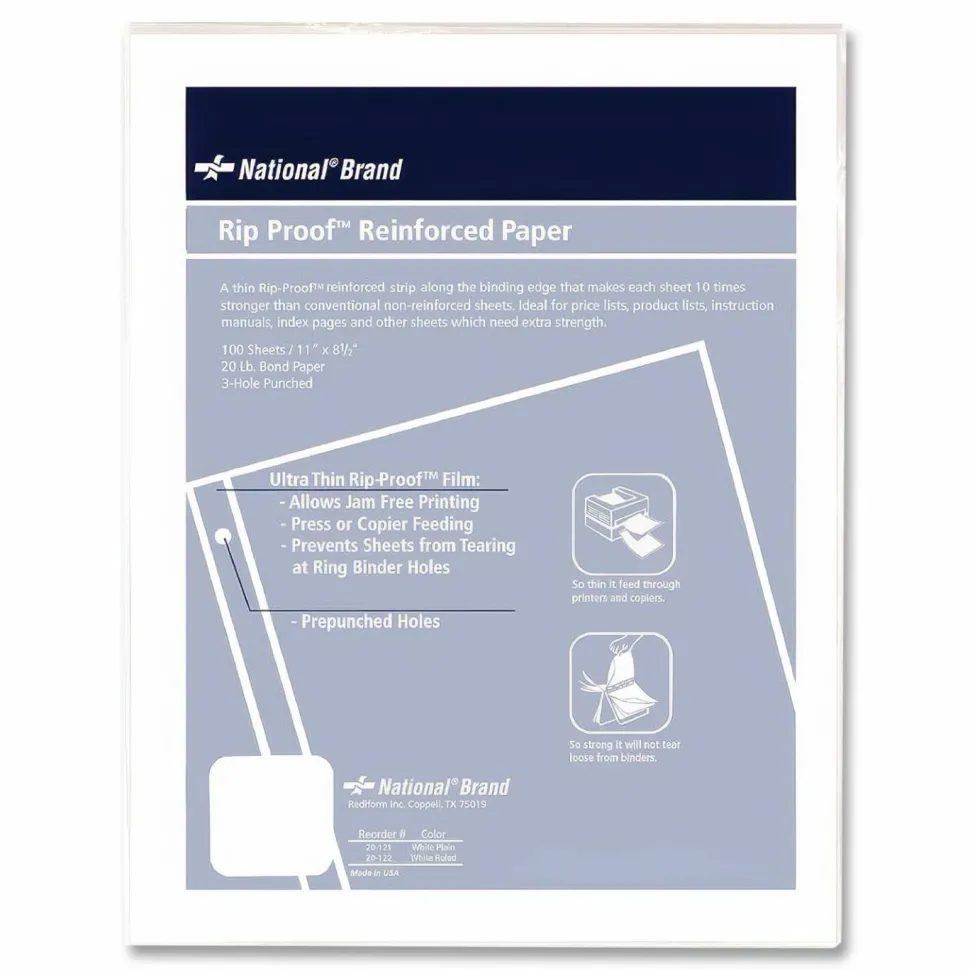 Rediform Heavyweight Reinforced Filler Paper - Letter - 100 Sheets - Plain - 20 lb Basis Weight - 8 1/2" x 11" - White Paper - Heavyweight, Reinforced Edges, Punched - 100 / Pack
