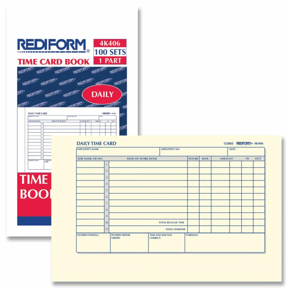 Rediform Daily Time Clock Card Pads, For Daily Time/2-Page, 4.25" x 7", Manila, 100 Pages