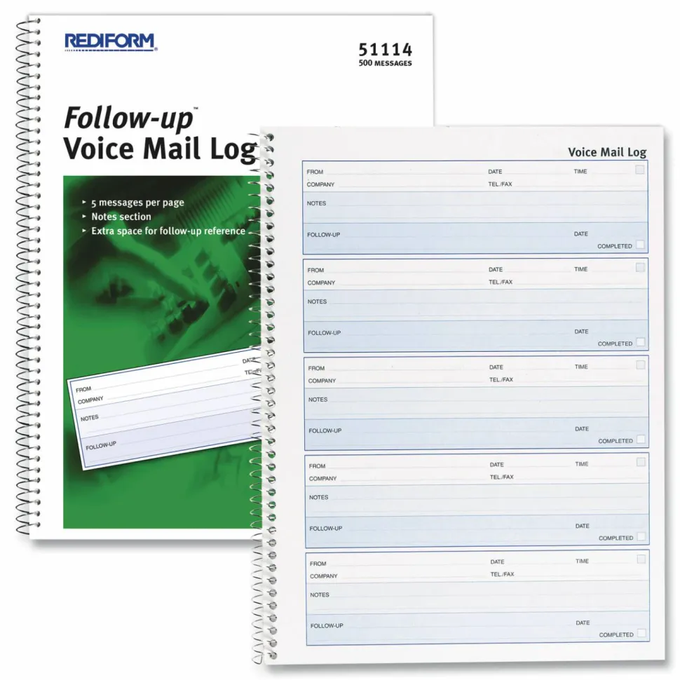 Rediform Follow-Up Voice Mail Log Book, 8" x 10 5/8", 500 Sheets, 50% Recycled, Blue