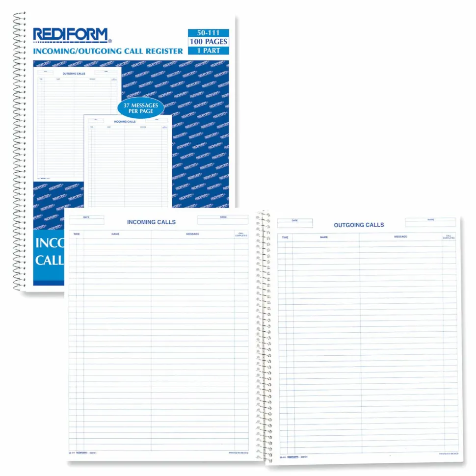 Rediform Incoming/Outgoing Call Register Book, 100 Sheets, 8 1/2" x 11"