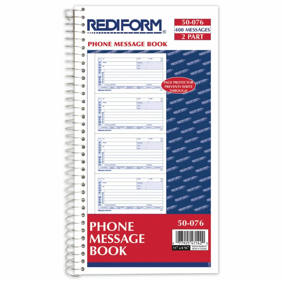 Rediform Memo Style Phone Message Book, 2 Part, Book Of 400 Messages, Blue