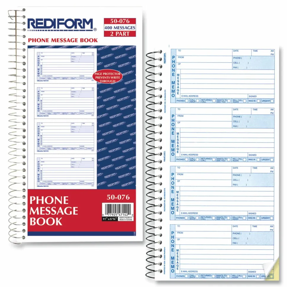 Rediform Memo Style Phone Message Book, 2 Part, Book Of 400 Messages, Blue