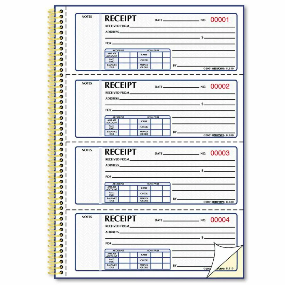 Rediform Money Receipt Book - 300 Sheet(s) - Wire Bound - 2 Part - Carbonless Copy - 7 5/8"x11" Sheet Size - 8L810