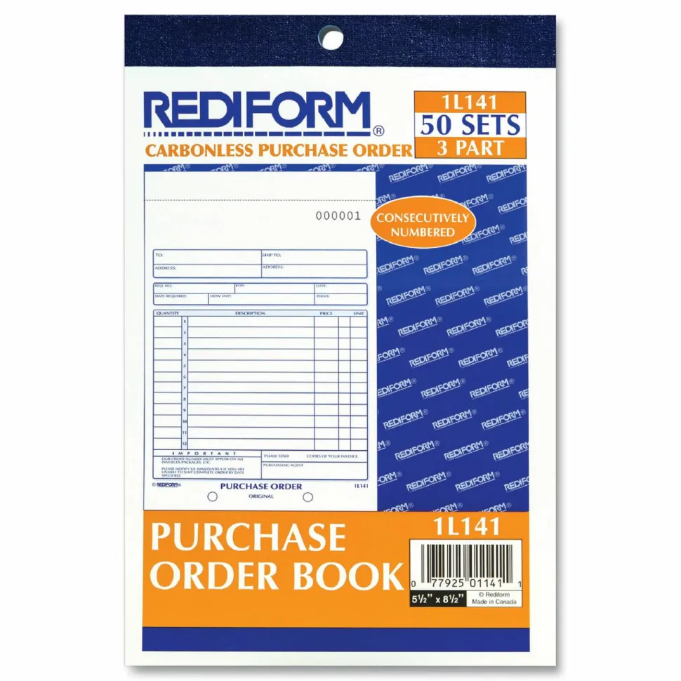 Rediform 3-Part Carbonless Purchase Order Book - 50 Sheet(s) - 3 Part - Carbonless Copy - 5.50"x7.87" Sheet Size - 1L141