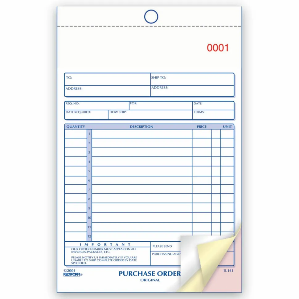 Rediform 3-Part Carbonless Purchase Order Book - 50 Sheet(s) - 3 Part - Carbonless Copy - 5.50"x7.87" Sheet Size - 1L141