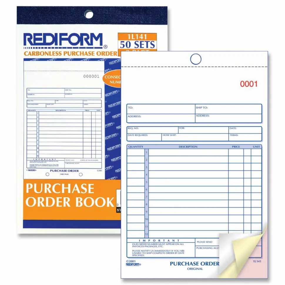 Rediform 3-Part Carbonless Purchase Order Book - 50 Sheet(s) - 3 Part - Carbonless Copy - 5.50"x7.87" Sheet Size - 1L141