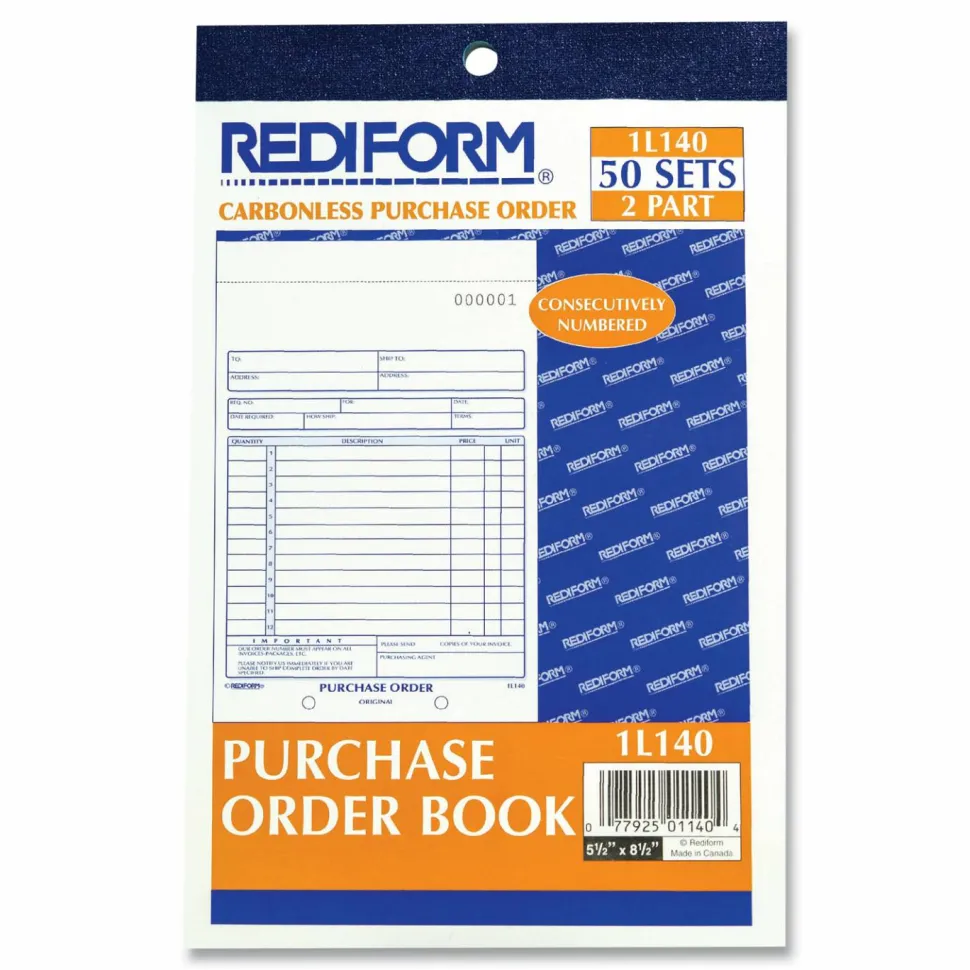 Rediform 2-part Carbonless Purchase Order Book - 50 Sheet(s) - 2 Part - Carbonless Copy - 5.50"x7.87" Sheet Size - 1L140