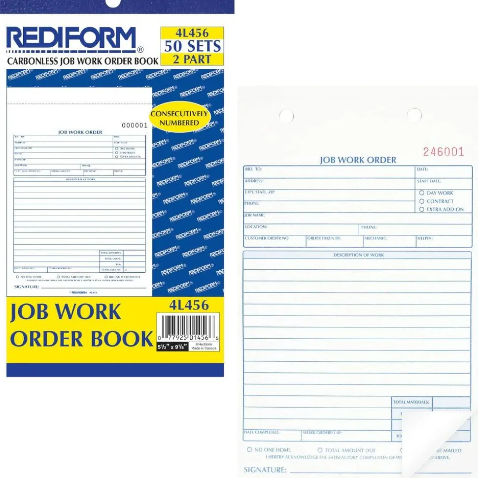 Rediform 2-Part Job Work Order Book, 2 Part, 5-1/2" x 8-1/2", 50 Sheets, Blue/Red