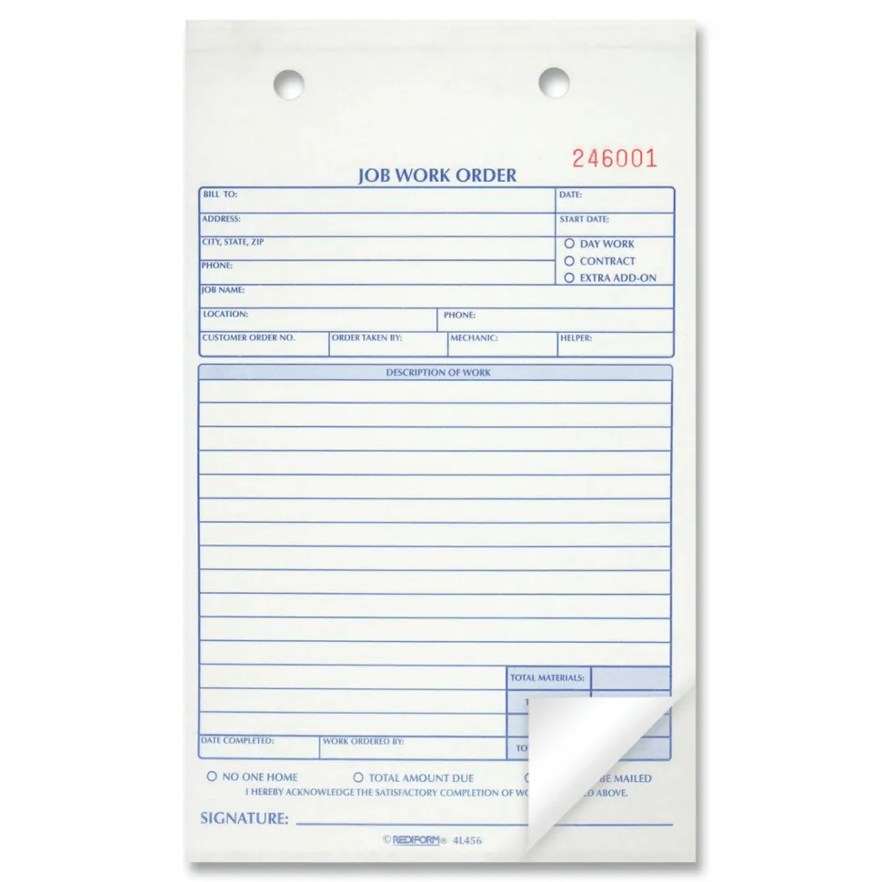 Rediform 2-Part Job Work Order Book, 2 Part, 5-1/2" x 8-1/2", 50 Sheets, Blue/Red