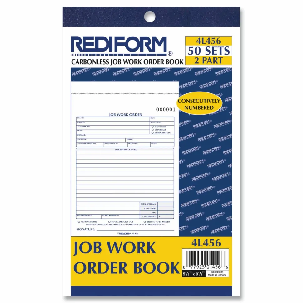 Rediform 2-Part Job Work Order Book, 2 Part, 5-1/2" x 8-1/2", 50 Sheets, Blue/Red