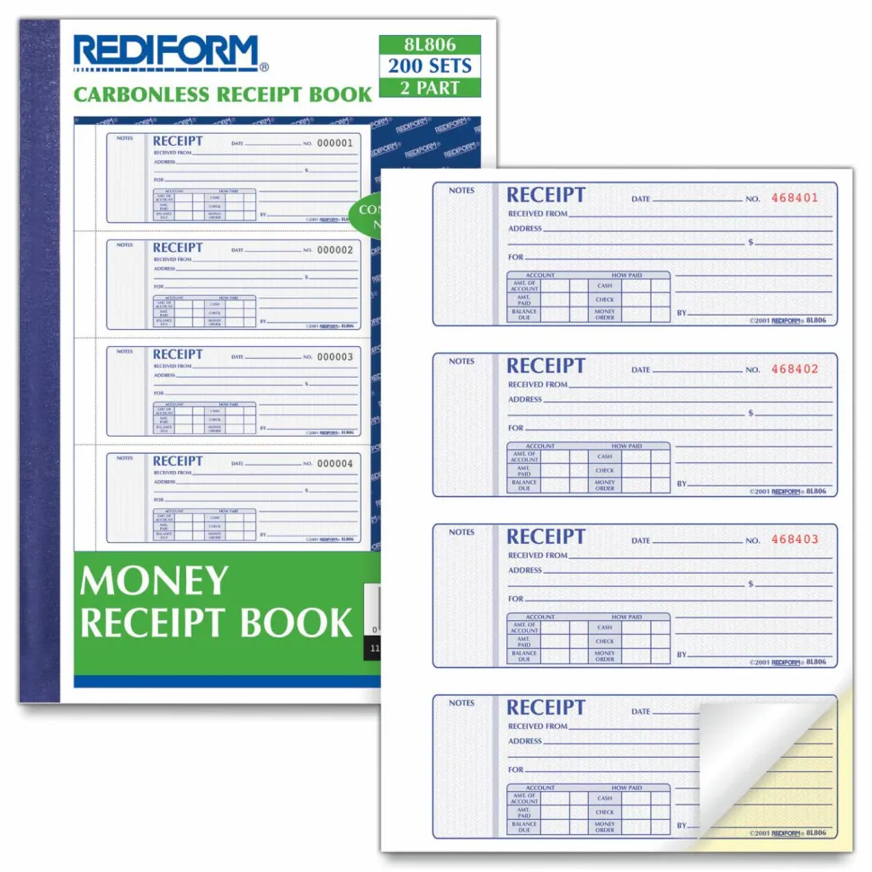 Rediform Receipt Money Collection Forms - 200 Sheet(s) - Book Bound - 2 Part - Carbonless Copy - 7" x 2.75" Sheet Size - Assorted Sheet(s) - 1 Each