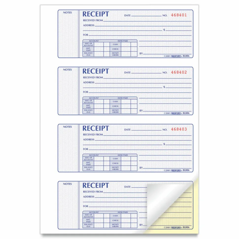 Rediform Receipt Money Collection Forms - 200 Sheet(s) - Book Bound - 2 Part - Carbonless Copy - 7" x 2.75" Sheet Size - Assorted Sheet(s) - 1 Each