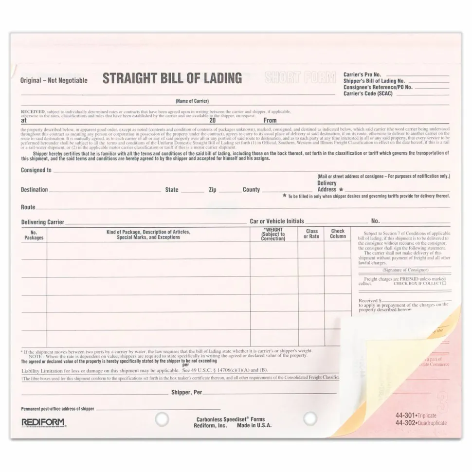 Rediform Snap-A-Way Bill of Lading Forms - 3 Part - Carbonless Copy - 8.50" x 7" Sheet Size - 2 x Holes - White Sheet(s) - Black Print Color - 250 / Pack