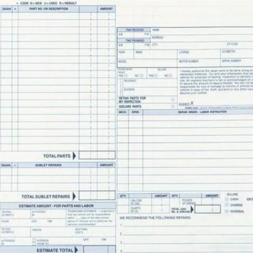 Rediform Speediset Four-Part Auto Repair Form, Four-Part Carbonless, 11 x 8.5, 50 Forms Total