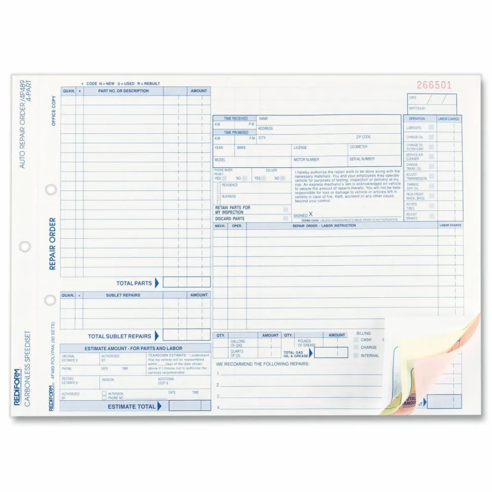 Rediform Speediset Four-Part Auto Repair Form, Four-Part Carbonless, 11 x 8.5, 50 Forms Total