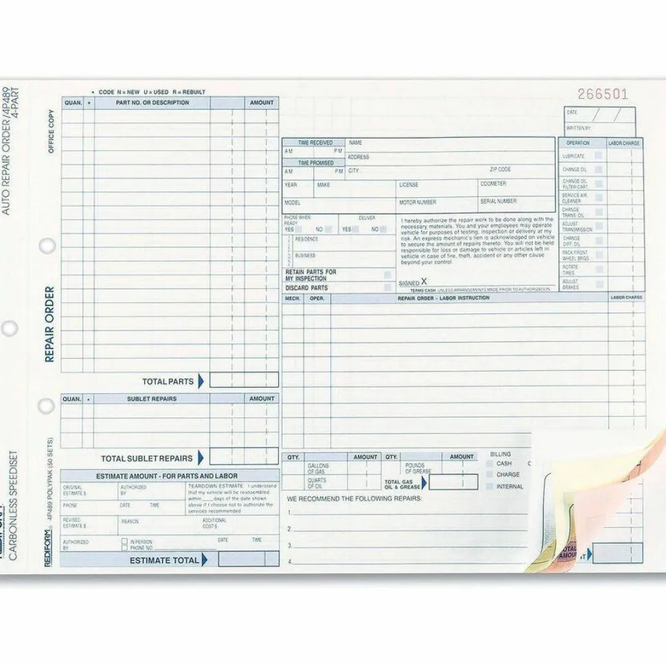 Rediform Speediset Four-Part Auto Repair Form, Four-Part Carbonless, 11 x 8.5, 50 Forms Total