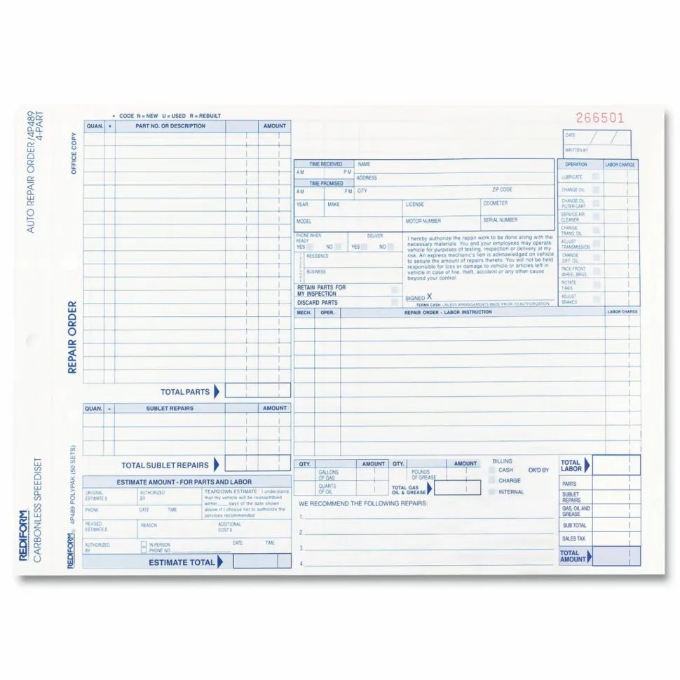 Rediform Speediset Four-Part Auto Repair Form, Four-Part Carbonless, 11 x 8.5, 50 Forms Total