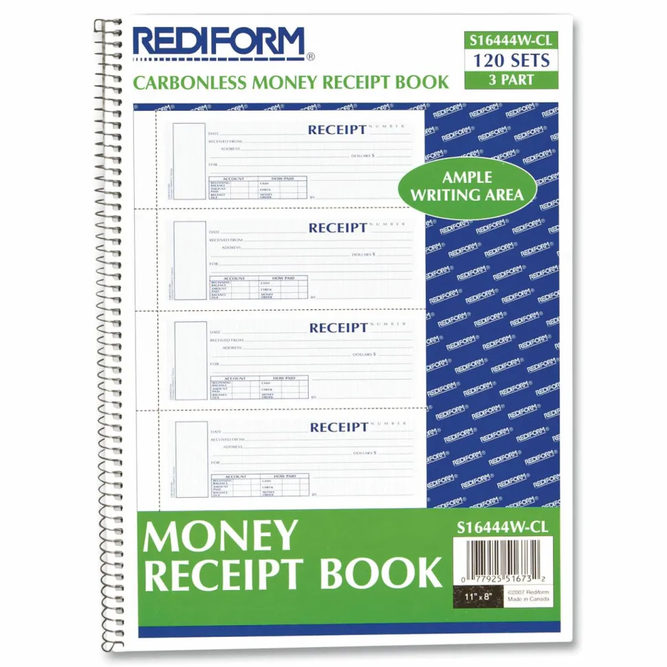 Rediform Wirebound Money Receipt Book, 3-Part, Carbonless, 2 3/4" x 7", Set Of 120