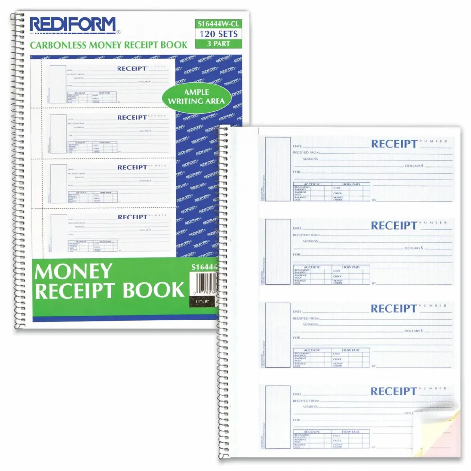 Rediform Wirebound Money Receipt Book, 3-Part, Carbonless, 2 3/4" x 7", Set Of 120