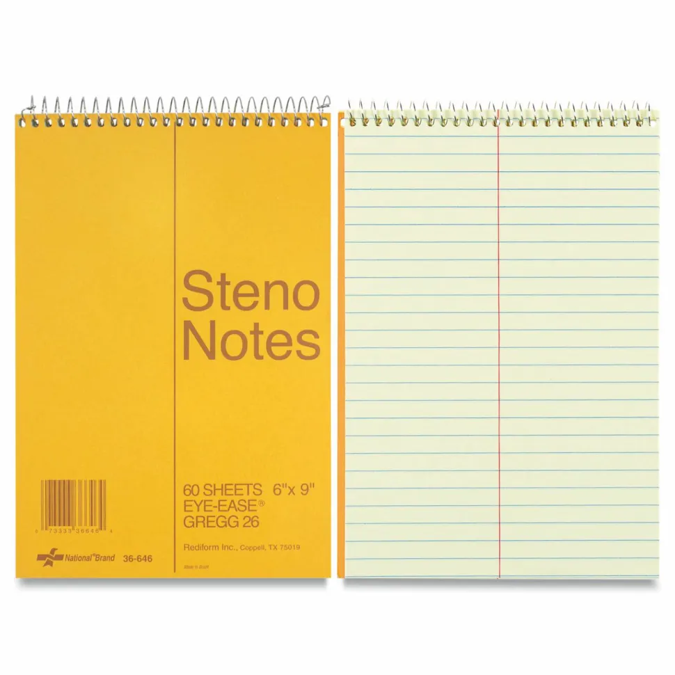 Rediform Wirebound Steno Notebook - 60 Sheets - Wire Bound Light Blue Margin - 16 lb Basis Weight - 6" x 9" - Green Paper - Brown Cover - Unpunched, Subject - 1Each