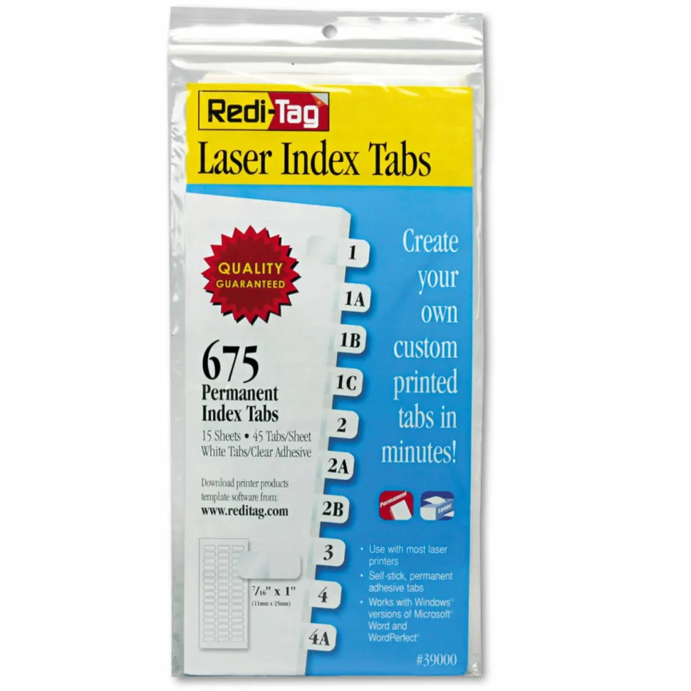 Redi-Tag Laser Printable Index Tabs, 1/12-Cut, White, 0.44" Wide, 675/Pack