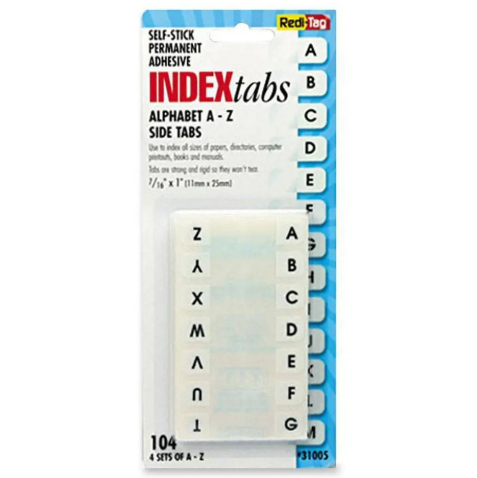 Redi-Tag Permanent Index Tabs, Alphabetical A-Z, Side, White, 4 Sets, Pack Of 104 Tabs