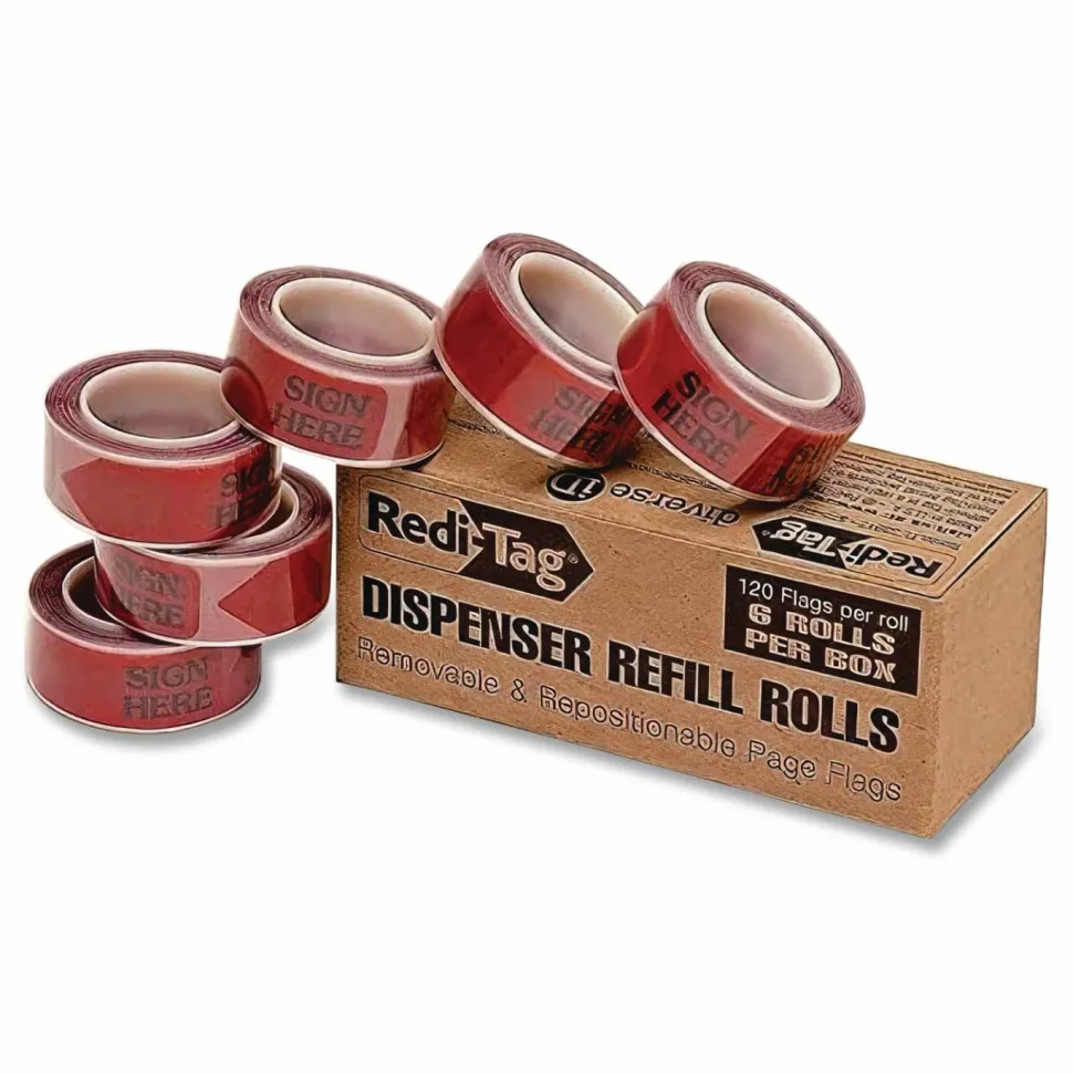 Redi-Tag Preprinted Signature Flags Refill, "SIGN HERE", Red, Removable, 120 Flags Per Roll, 6 Rolls