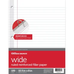 Reinforced Filler Paper, 8" x 10-1/2", Wide Ruled, White, Pack Of 100 Sheets