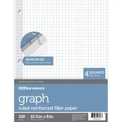 Reinforced Filler Paper, 8" x 10-1/2", Quadrille Ruled, White, Pack Of 100 Sheets
