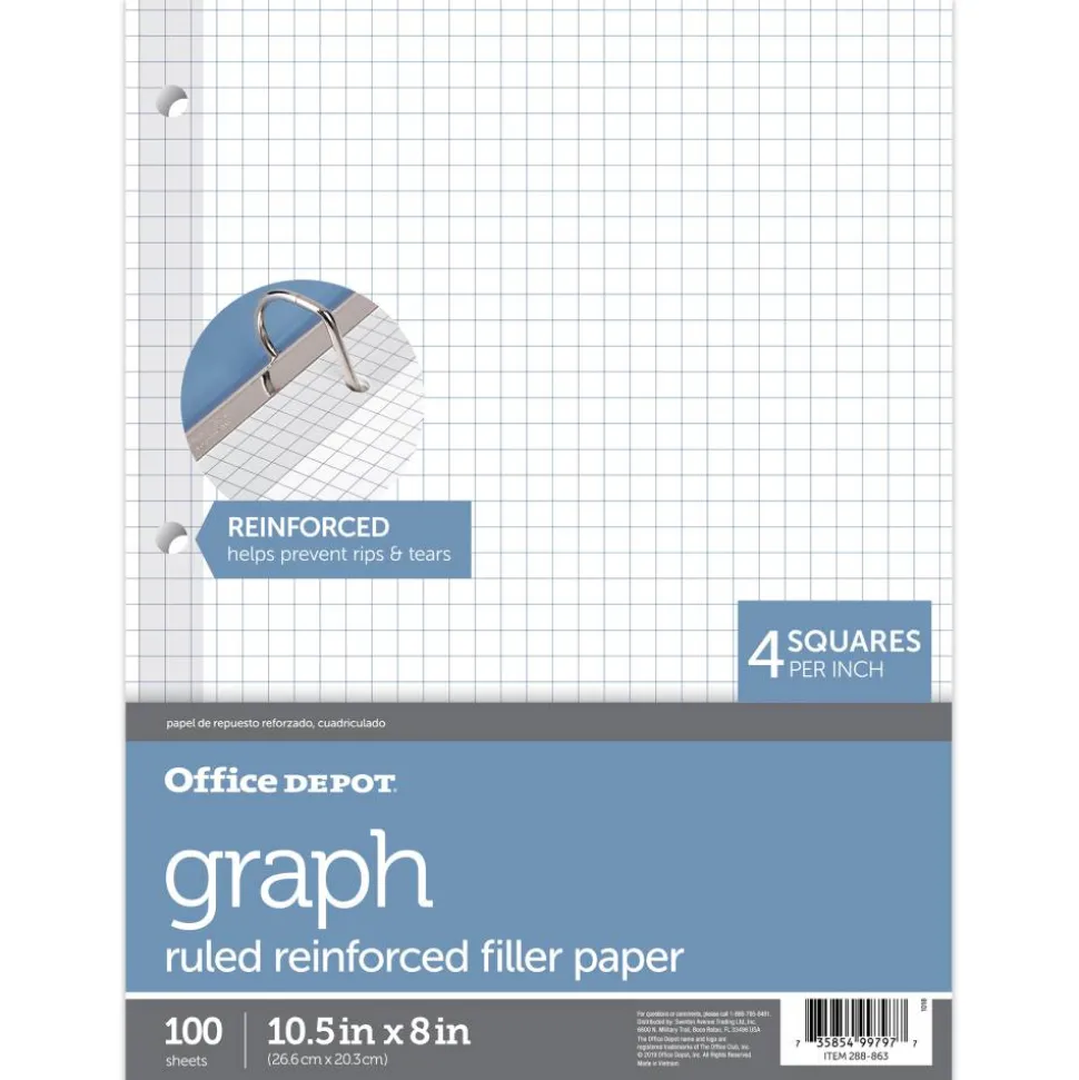 Reinforced Filler Paper, 8" x 10-1/2", Quadrille Ruled, White, Pack Of 100 Sheets