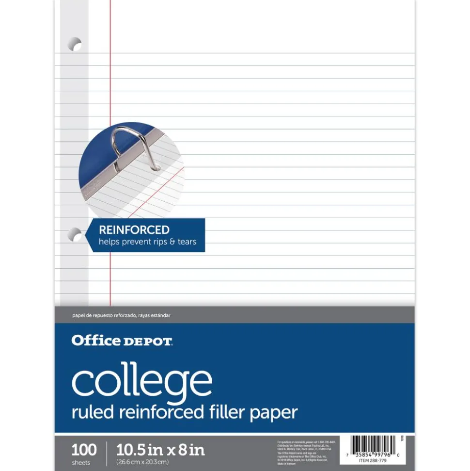 Reinforced Filler Paper, 8" x 10-1/2", College Ruled, White, Pack Of 100 Sheets