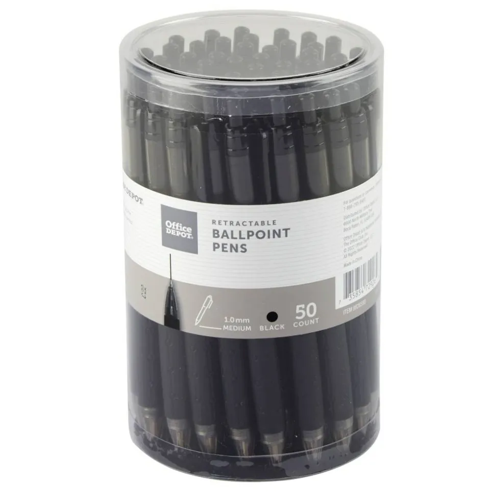 Retractable Ballpoint Pens With Grips, Medium Point, 1.0 mm, Black Barrels, Black Ink, Pack Of 50 Pens