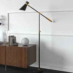 Rex Two-Tone/Height-Adjustable Floor Lamp with Metal Shade in Black/Brass/Black