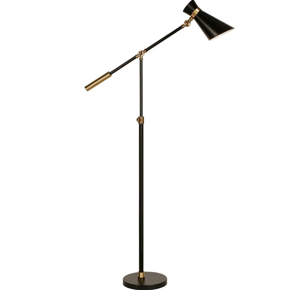 Rex Two-Tone/Height-Adjustable Floor Lamp with Metal Shade in Black/Brass/Black