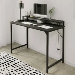 Rezio 47” Computer Desk with Hutch and Integrated Power, Black, BIFMA Compliant