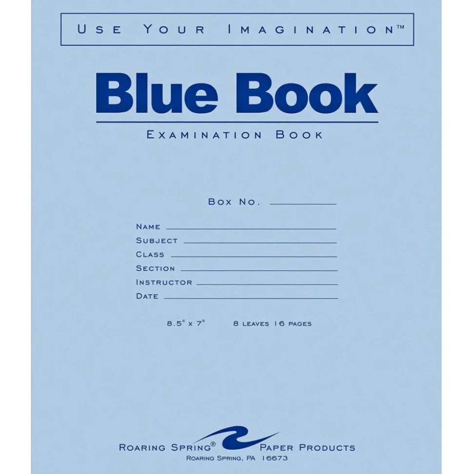 Roaring Spring Blue Book Wide-Ruled Examination Books, 7" x 8 1/2", Pack Of 50