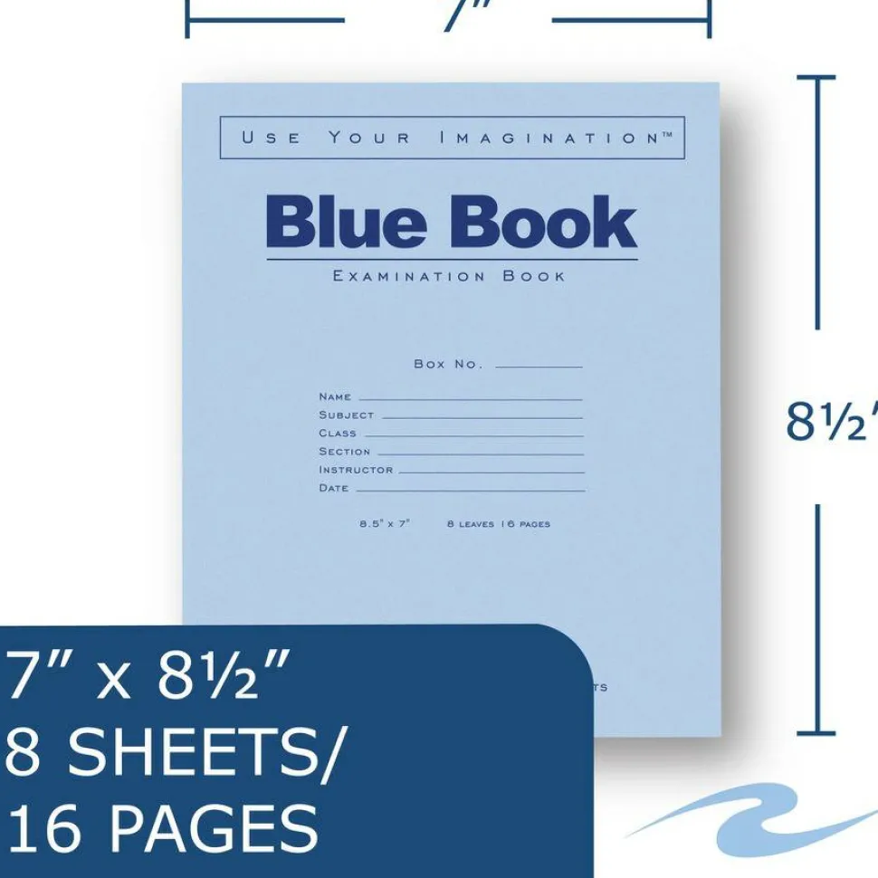 Roaring Spring Blue Book Wide-Ruled Examination Books, 7" x 8 1/2", Pack Of 50