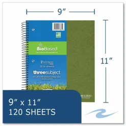 Roaring Spring Earthtones BioBased Paper Notebook, 3-Subject, College Rule, Randomly Assorted Cover Colors, (120) 11 x 9 Sheets, 24/Carton