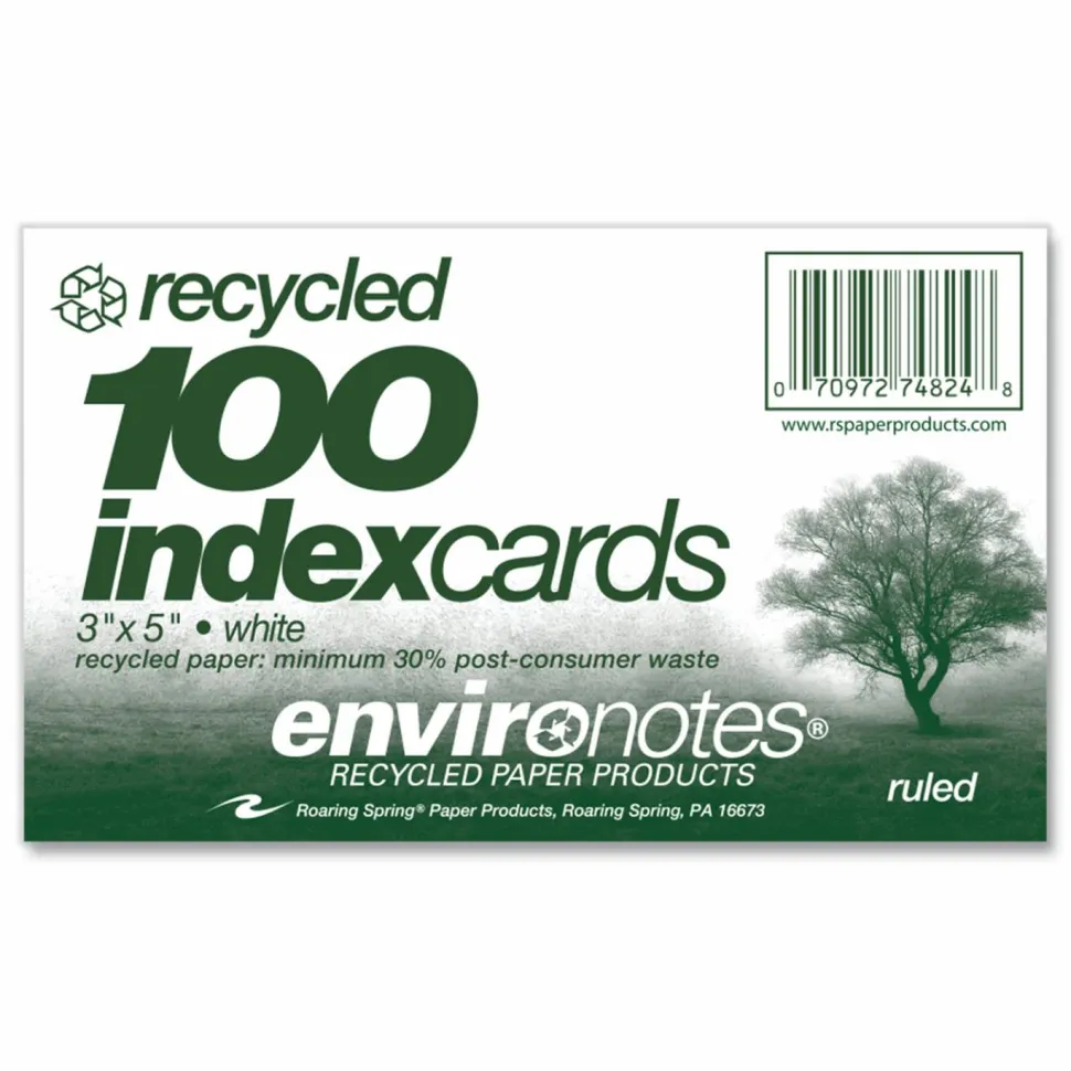 Roaring Spring Environotes Recycled Index Cards, Narrow Rule, 3 x 5 White, 100 Cards, 36/Carton