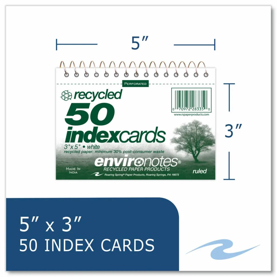 Roaring Spring Environotes Wirebound Recycled Index Cards, Narrow Rule, 3 x 5, White, 50 Cards, 24/Carton